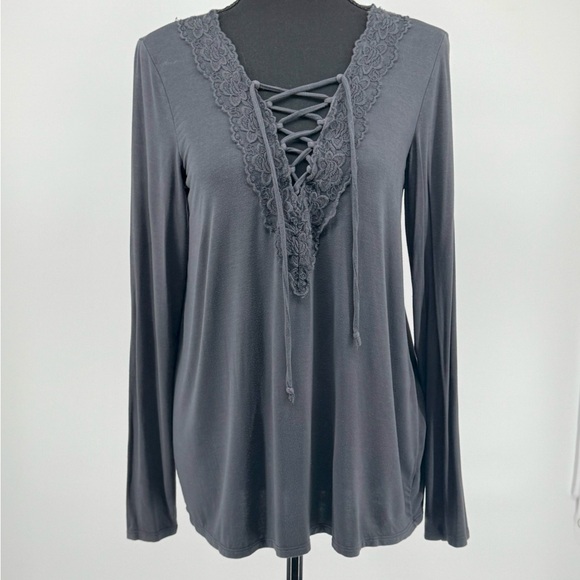 American Eagle Outfitters Tops - American Eagle Outfitters Charcoal Lace-Up Long Sleeve Top